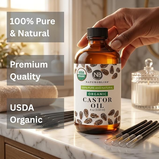 NaturoBliss Organic Castor Oil 4 Fl Oz | Glass Bottle | 100% Pure and Natural | Premium Grade Carrier Oil | Hair, Eyelashes and Eyebrows | Hair and Body | Cold-Pressed | Hexane-Free