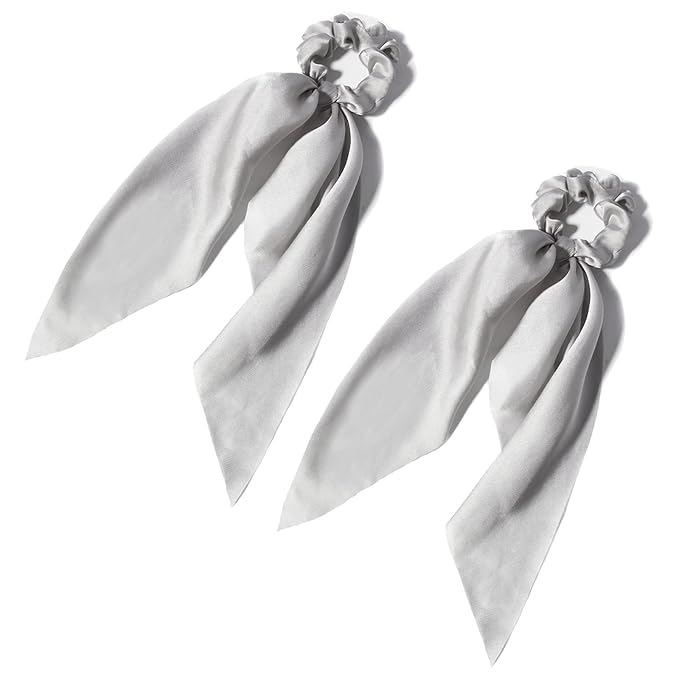 LFOUVRE Pack of 2 Knotted Bow Hair Scrunchies, 3 inch Diameter, 11.5 inch Hair Ribbon, Silky Satin Hair Scarf Hair Ties Bands, Hair Accessories for Women and Girls(Gray)
