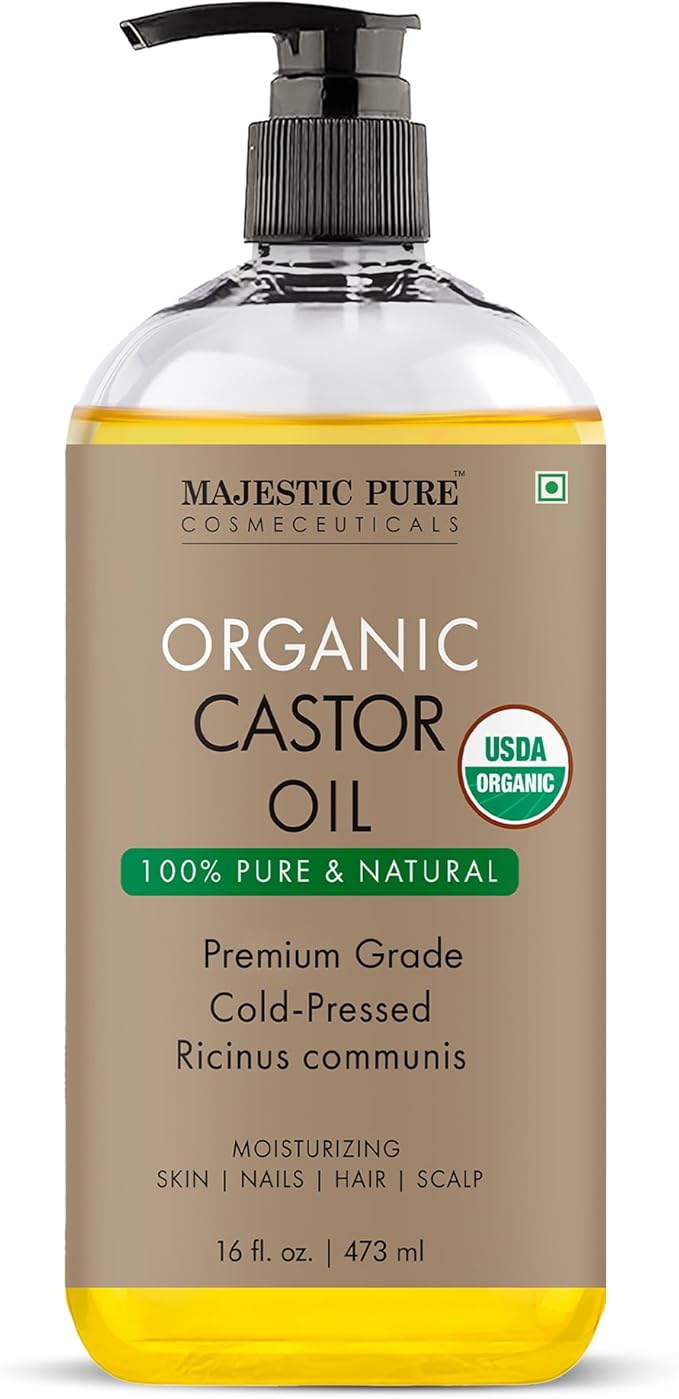 Majestic Pure Oil - 100% Pure and Natural- Cold Pressed & Hexane Free Natural Hair Growth Oil for Eyelashes, Eyebrows, Skin, Body, Face, Nails & Scalp - Organic Castor Oil 16 Fl Oz