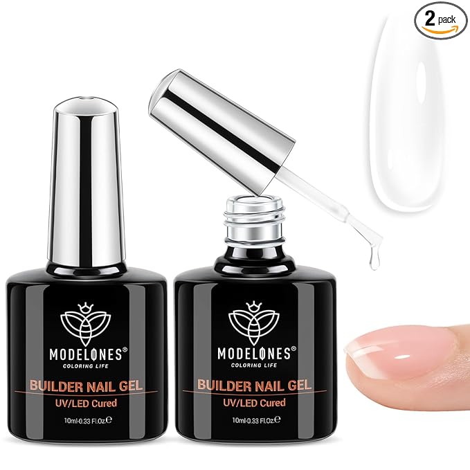 modelones Base Coat Builder Nail Gel Polish, 2 Pcs Clear Builder Nail Polish, 8-in-One Rubber Color Hard Gel for Apex Building Thickening Extension DIY Home Salon Gifts LED Lamp Cured 10ml
