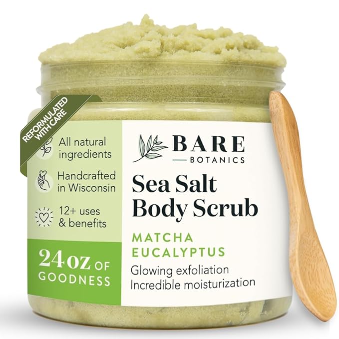 Bare Botanics 24oz Matcha Eucalyptus Sea Salt Body Scrub | Non-toxic, Vegan & Cruelty-free | Made in Madison, WI | Full Body Exfoliator & Hydrating Moisturizer with a Cute Wooden Spoon