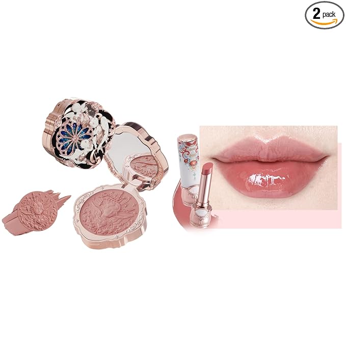 Flower Knows Little Angel Cream Blush and Butterfly Cloud Collar Glossy Lipstick Set,Buildable & Blendable Dewy Makeup,Soft Long-Lasting Cute Make Up(Blush 04 Rose Ashes + Lipstick C07 Red Bean)