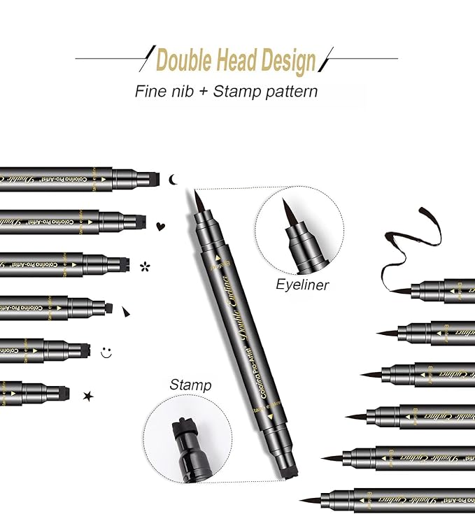 6 Pcs Double-headed Eyeliner Stamps Set Black Liquid Eye Liner Pen With Star,Moon,Heart,Flower,Smiley,Triangle Stamp Stencils Shapes for Women Makeup Kit Long-Lasting Waterproof Smudgeproof