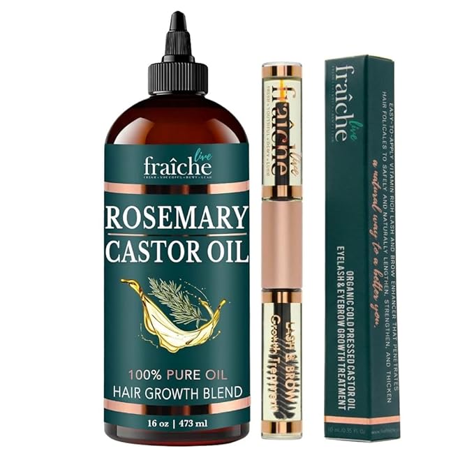 Live Fraiche Rosemary Castor Oil for Hair Growth 16oz + Castor Oil Organic Cold Pressed Lash Serum - Hexane Free, Reduce Hair Loss, Eyelash Eyebrow Regrowth and rosemary essential Serum for scalp