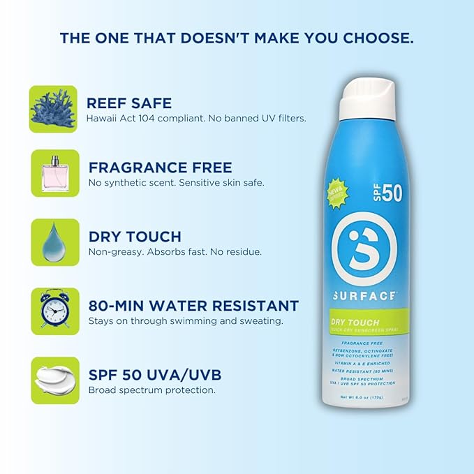 Surface Sunscreen Spray SPF 50 for Body, Natural Formula, Lightweight and Reef Friendly, Broad Spectrum UVA UVB Protection, Water Resistant Sun Care for Outdoor Use, Fragrance Free, 6oz