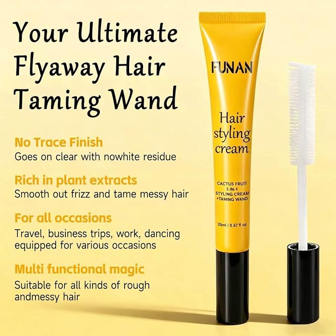 FUNAN Cactus Fruit 3-in-1 Styling Cream with Taming Wand for Flyaways, Styling Cream for Hair, Frizz Control, Edge Styling, Slick Back Hair Products for All Hair Types, Non-Greasy(yello, pack of 1)
