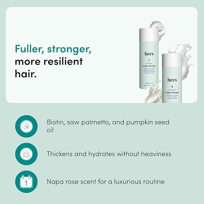 hers Triple Threat Shampoo & Conditioner Set - Biotin, Saw Palmetto, & Pumpkin Seed Oil Formula - Thickens & Hydrates - Color-Safe, Paraben-Free, Vegan - Napa Rose Scent - 6.4 Fl Oz, 2 Count