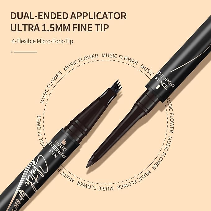 Music Flower Dual-Ended Microfilling Eyebrow Pen, Liquid Eyebrow Pen with 4 Micro Brush-Tip Applicators & Brow Defining Pencil with Precision Tip (Black)