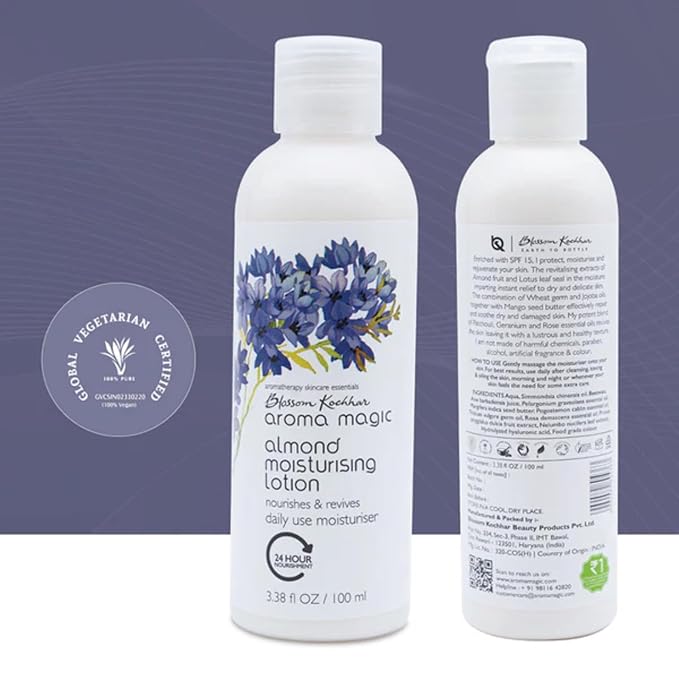 Aroma Magic Almond Moisturising Lotion for Dry Skin | Daily Face & Body Moisturizer with Almond Fruit & Lotus Leaf | Softens, Revives, Rejuvenates | 3.38 Fl Oz (100ml)