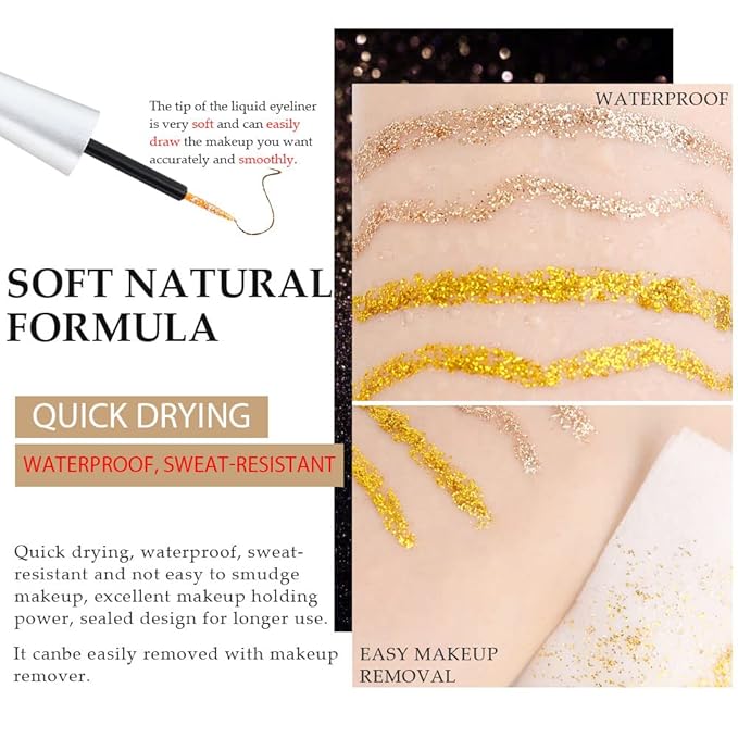 evpct 2Pcs Gold Champagne Gold Color Liquid Glitter Eyeliner Sets Eyeliner Liquid Liners for Women Sparkly Eyeliners delineador con glitter de colores para ojos colores 01+14