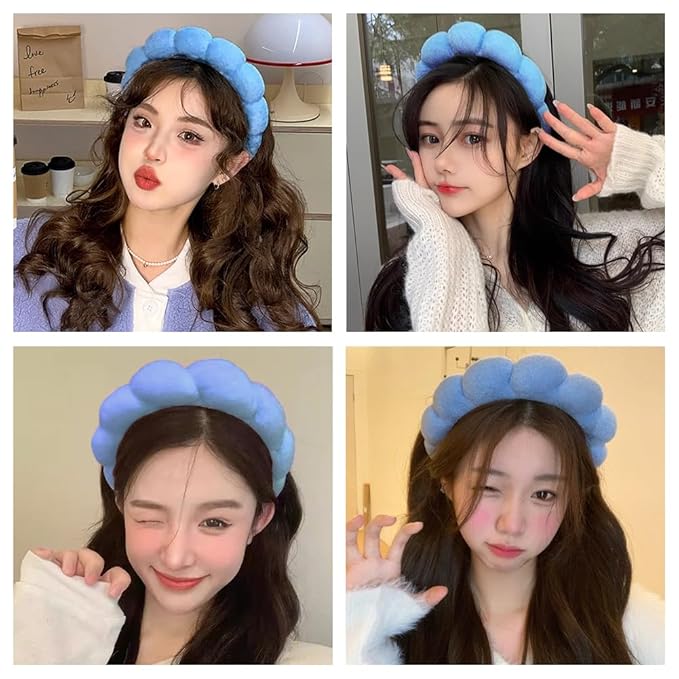AOENJIE Spa Headbands for Washing Face or Makeup, Sponge Bubble Skincare Headbands, Puffy Terry Cloth Hairband for Women, Skin Care Makeup Headwear Hair Accessories for Girls(Dark blue)