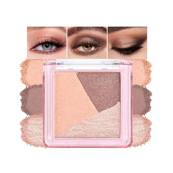 Mini Peach Brown Baked Eyeshadow Palette, 3 Shade Shimmer & Soft Glow Eye Shadow, Fine Smooth Texture, Blendable & Buildable, No Fallout, Long-Lasting for Daily & Glam Looks, Paleta de Sombras de Ojos