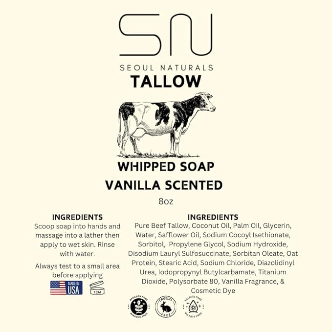 Seoul Naturals Tallow Whipped Soap, Vanilla Scented, k beauty, 8 oz