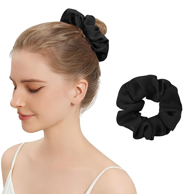 Silk Hair Scrunchies for Women, 100% Mulberry Silk Hair Ties, No Damage for Curly Hair, Large Scrunchie for Sleep, 1-Pack, Balck, L