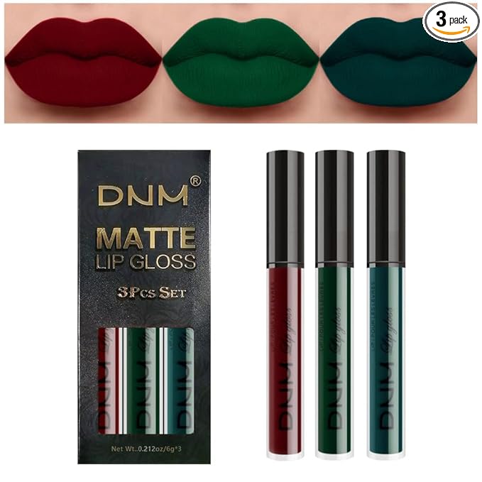evpct 3Pcs Dark Color Colored Red Emerald Green Matte Liquid Lipstick Make up Set 24 Hour Long Lasting Waterproof Smudge Proof Deep red Green Liquid Lipstick Matte Lip Stain Gloss Liner Kit 8