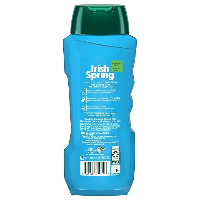Irish Spring Ultimate Wake Up Tea Tree Face & Body Wash for Men, Moisturizing Body Wash Washes Away Bacteria - 18 Fl. Oz