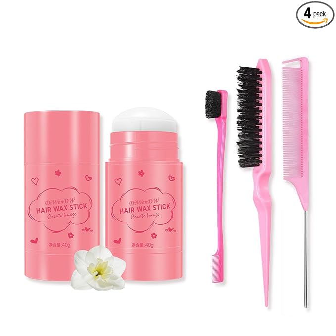 Hair Wax Stick & Hair Styling Combs Set 4 Pcs,Moisturizing Non-Greasy Hair Styling Wax Stick for Edge Control on Wigs And Hair,Lightweight Hair Slick Balm Stick for Flyaways Edge Frizz Hair