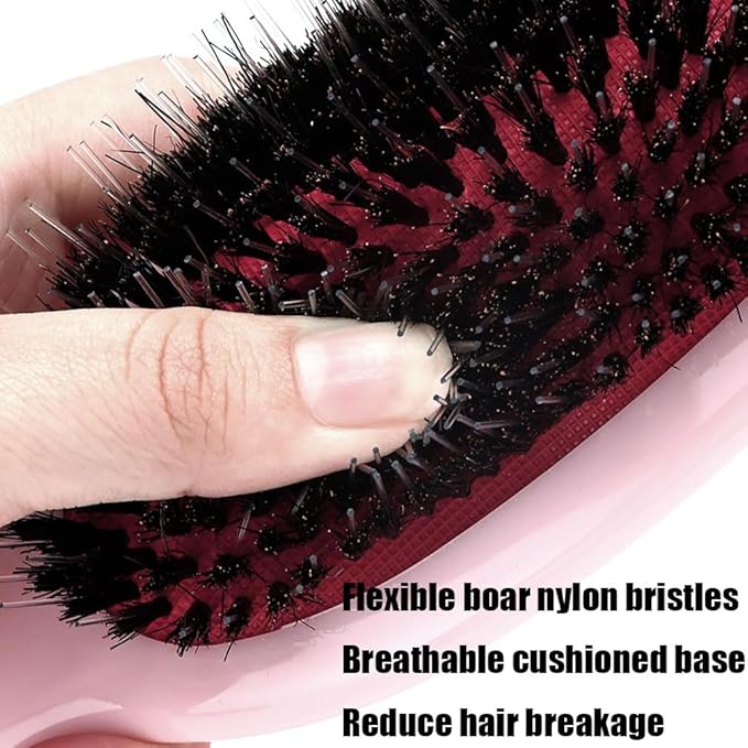 Boar Bristle Detangling Paddle Hair Brush for Curly Fine Wavy Hair, Anti-frizz Painless Detangler Brush Boar Nylon Mixed Bristle Styling Hairbrush for Women Men, Less Pulling and Hair Breakage