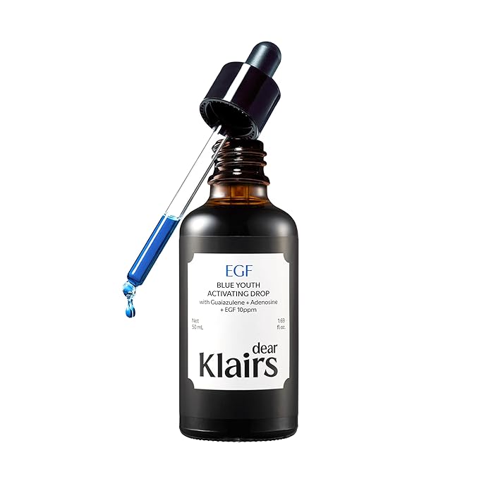DearKlairs Korean EGF Serum - Blue Youth Activating Drop with EGF & FGF (10ppm Each), Barrier Repair & Post-Blemish Marks, Sensitive Skin-Friendly, Daily Calm & Repair, 1.69 Fl Oz