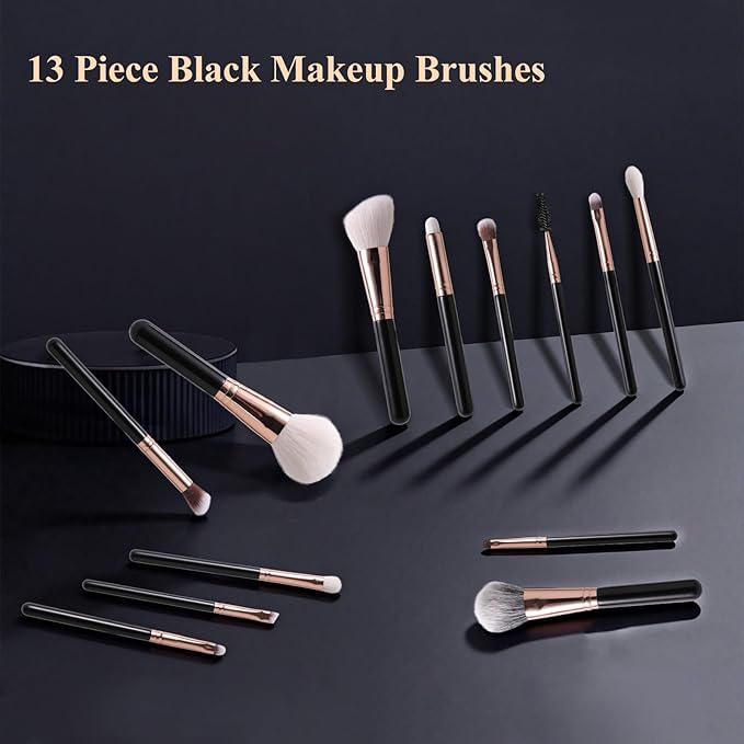 13 Piece Black Makeup Brushes, Face and Eye Makeup Brush Set Ultra Soft Goat Hair&Synthetic Bristles for Powder, Concealer, Blush, Contouring, Blending, Eyeshadow Kits for Beginners, Pros and Artists