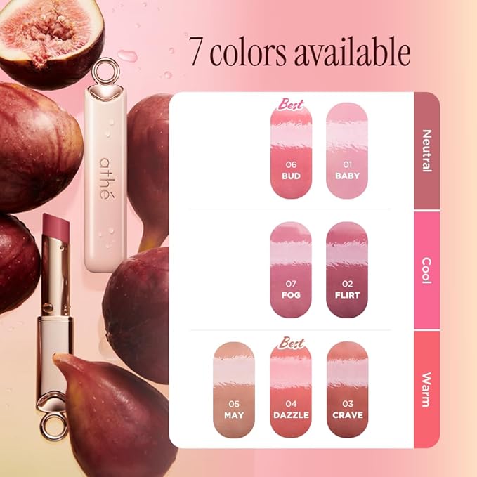 athé Authentic Lip Glowy Balm – Glossy Tinted Lip Treatment Stick | Ceramide NP, Squalane & Palmitoyl Tripeptide-1 | Tremella Fuciformis (Snow Mushroom) | Fragrance-Free | K-Beauty | 0.12 oz