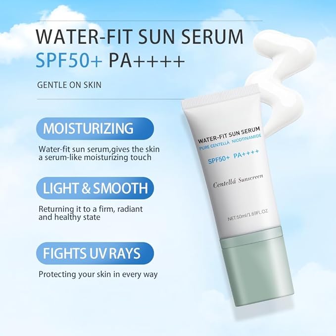 2Pcs Centella Sunscreen, Lightweight Hydrating Centella SPF50+ Water-Fit Sun Serum for All Skin Type and UV Defense