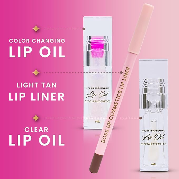 BossUp Cosmetics All-In-One Lip Kit | Light Tan Lip Liner and Lip Oil Set with Clear and Color Changing Lip Oils | Complete Lip Makeup Kit for Women