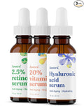 ASUTRA Face Serum Variety Pack, 3 Products - 1 fl oz 2.5% Retinol, 1 lf oz 20% Vitamin C, 1 fl oz Hyaluronic Acid Face Serum