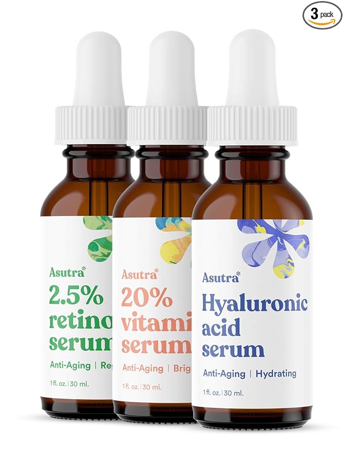 ASUTRA Face Serum Variety Pack, 3 Products - 1 fl oz 2.5% Retinol, 1 lf oz 20% Vitamin C, 1 fl oz Hyaluronic Acid Face Serum
