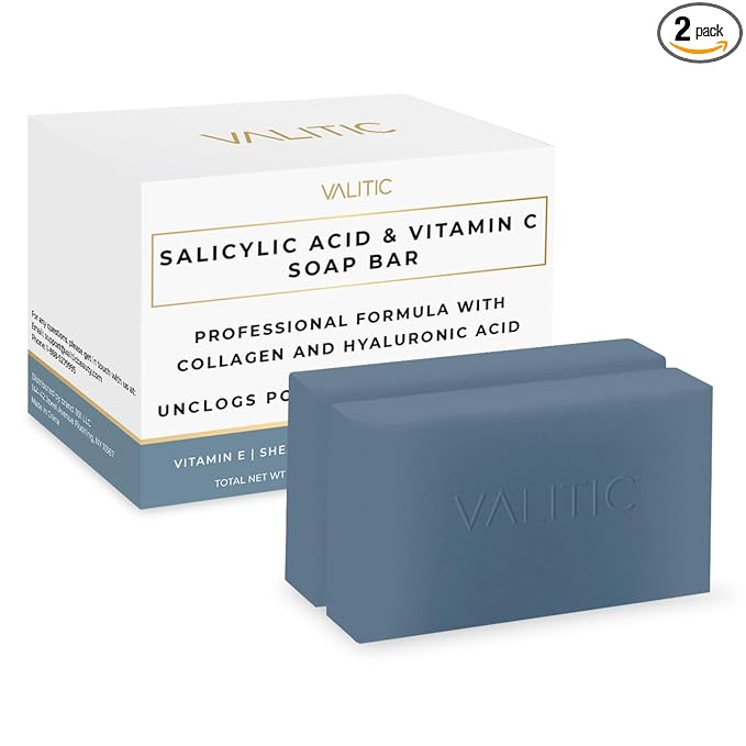 VALITIC Salicylic Acid and Vitamin C Soap Bar - Facial Cleanser and Exfoliating Body Wash for Blackheads, Enlarged Pores and Blemish Skin with Collagen, Hyaluronic Acid, Vitamin E - 2 Pack