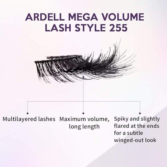Ardell Mega Volume 255 False Eyelashes - Extra Full, 3D Layered Wispy Lashes with NeverFlat Curl Technology - Reusable False Strip, 4 Pairs