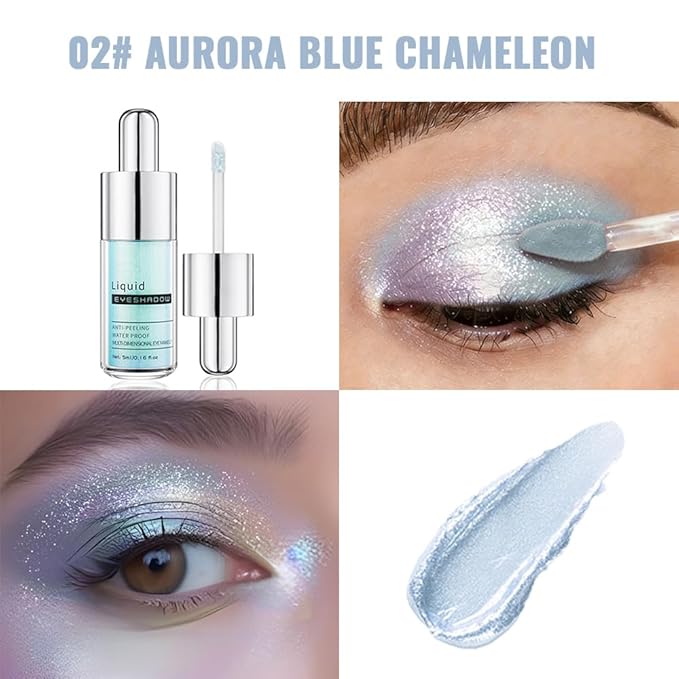 Blue Green Iridescent Shimmer Liquid Eyeshadow, High Pigment Blendable Eye Makeup for Older Women, Long Lasting Lightweight Travel Friendly, Suitable for All Eye Shapes, Glitter Finish 02#