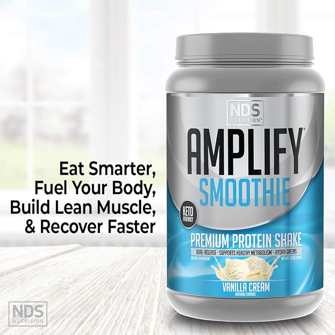 AMPLIFY NDS Nutrition Smoothie Premium Whey Protein Powder Shake with Added Greens and Amino Acids - Build Lean Muscle, Gain Strength, Lasting Energy, and Lose Fat - Vanilla (30 Servings)