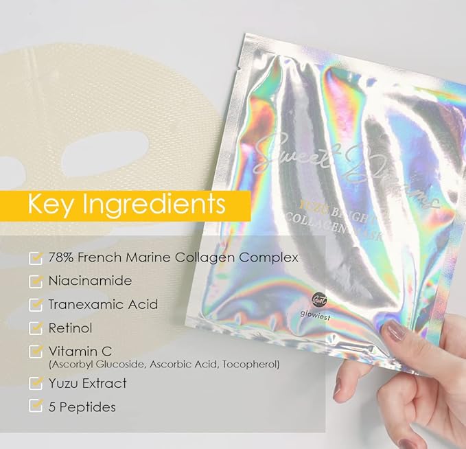 glowiest Sweet Dreams Yuzu Bright Collagen Mask Set of 3, Hydrating Face Collagen Jelly Mask, 78% Collagen, Niacinamide, Vitamin C, Peptides, Korean Skincare