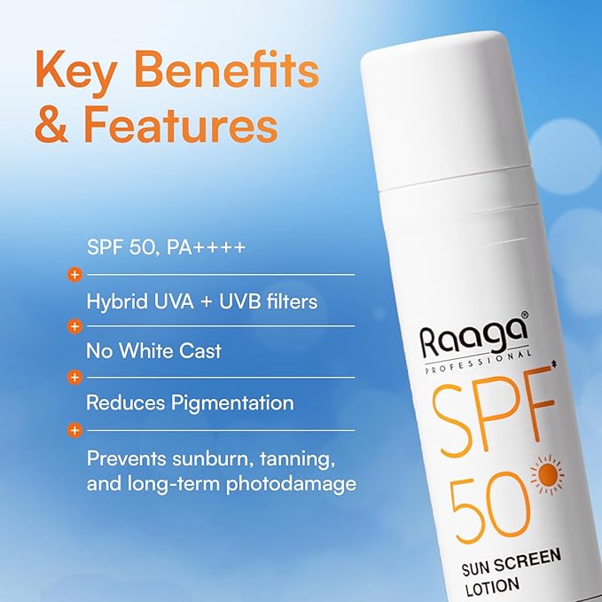 Raaga Sunscreen Lotion SPF 50 | Lightweight Non Greasy Water Resistant | 1.86 Fl Oz 55ml