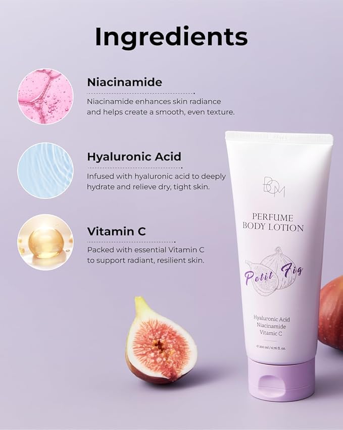 BOM Petit Fig Perfume Body Lotion 6.76 Fl Oz, Fig Scented Body Cream with Hyaluronic Acid, Niacinamide & Vitamin C, Long-Lasting Moisture & Fragrance, Non-Sticky Texture for Smooth, Korean Skincare