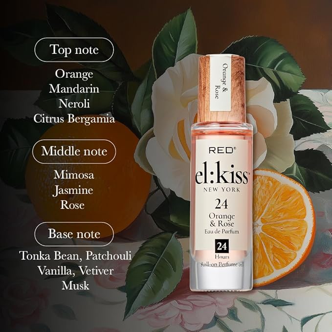 EL:KISS Roll On Perfume, Orange & Rose Inspired by Coco Mademoiselle Eau de Parfum 12mL (.40 Fl Oz), Hydrating & Long-Lasting, Alcohol-Free & Mineral Oil-Free, With Jojoba, Argan & Coconut Oil
