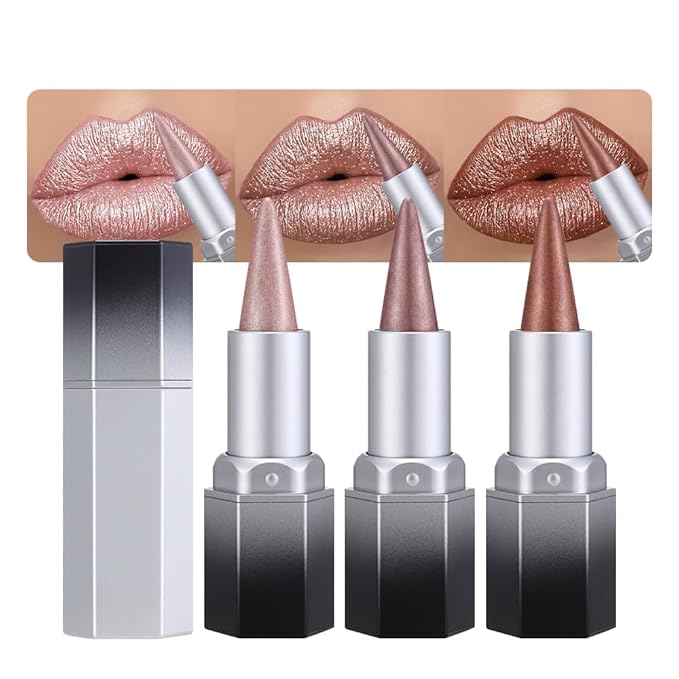 evpct 3Pcs Pink Nude Copper Shimmery Metallic Lip Liner and Lipstick Combo, Cone Tip Lip Crayon for Women Long Lasting Waterproof, Hydrating Lipstick Makeup, Glitter Lips Liner Pencil for Shinny Shade