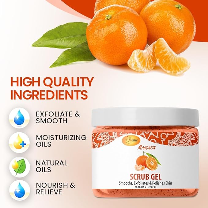 SPA REDI - Exfoliating Scrub Pumice Gel, Mandarin, 16 Oz - Manicure, Pedicure and Body Exfoliator Infused with Hyaluronic Acid, Amino Acids, Panthenol and Comfrey Extract