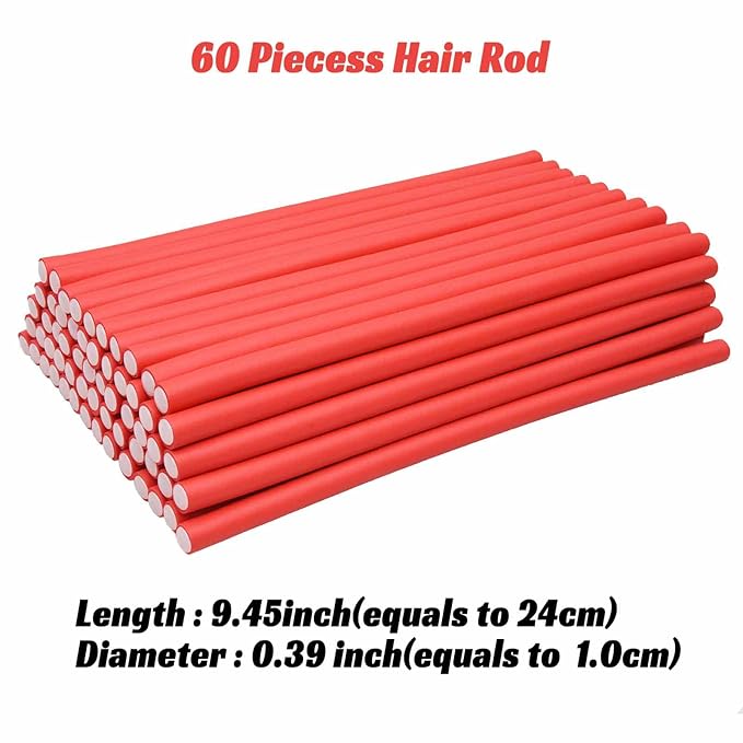 60PCS 9.45" x 0.39" Diameter Small Foam Hair Curlers,Heatless Flexible Curling rod for Short,Medium and Long Hair(0.39 x 9.45 Inch, Red)
