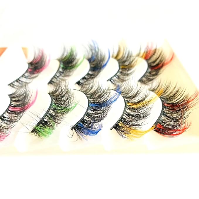 Sunniess Ombre Colored Lashes Silk Protein Fluffy Wispy Volume Fake Lashes for Halloweens Cosplay Party Stage Russian D Curl Lashes with Color Make up Faux Mink False Eyelashes