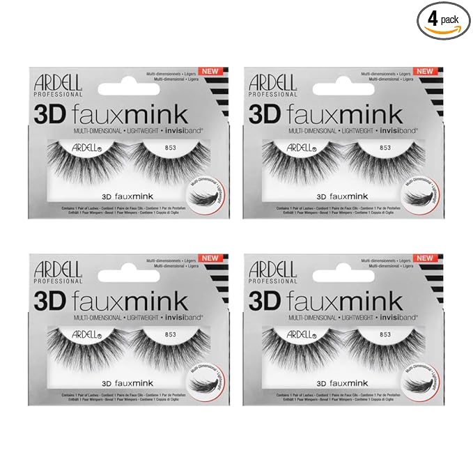 Ardell 3D False Eyelashes Faux Mink Lashes 853 - Fluffy Volume Strip Wispy Lashes Natural with Invisiband 4 Pairs