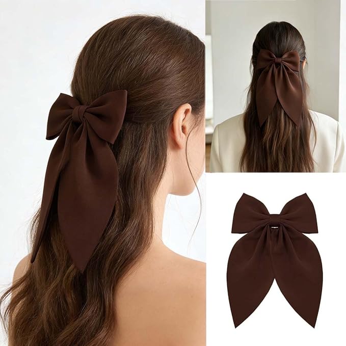 Dark Brown Bows Hair Clips for Women - ZWENJIE Oversized Non-Slip Large Satin French Hair Clip Claw Accessory for Girls Thick/Thin Hair Barrettes for styling