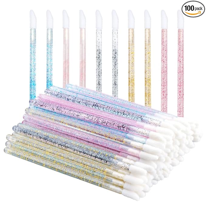 100PCS Glitter Crystal Lip Brush, Disposable Lip Brushes Lip Gloss Applicators Lipstick Gloss Wands Applicator Perfect Makeup Tool Kits (Multi-colored)