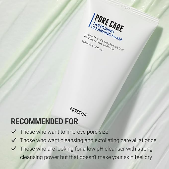 ROVECTIN Pore Tightening Cleansing Foam | Green Papaya, Glycerin, Charcoal Powder, AHA/BHA/PHA for Refining Pore Size, Non-Irritating | Oily, Dull Skin | Vegan (5.07 fl. oz.,150 ml)