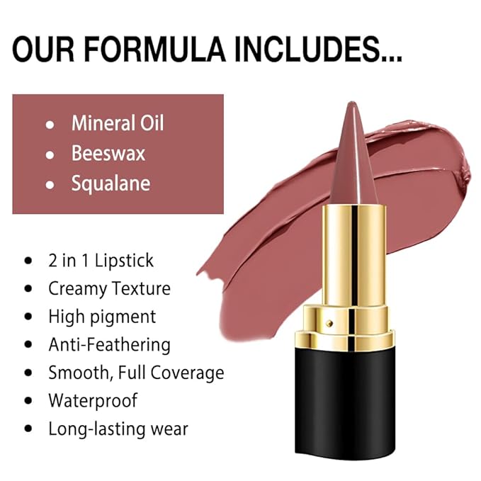 evpct Dusty Rose Gradient Matte Lipstick Lip Liner Crayon Combo Pencil Set for Women Long Lasting Waterproof, Rose Pink Matte Cream Lip Liner and Lipstick Combo Makeup, Flawless Gradual Ombre Effect