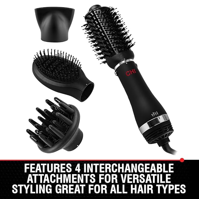 CHI Volumizer 4-in-1 Blowout Brush Hair Dryer, Multi-Attachment Ceramic Ionic Styling Tool, Preserves Natural Hair Moisture for Easy Styling, Frizz Control & Shine, Includes 4 Attachments,1000W, Black