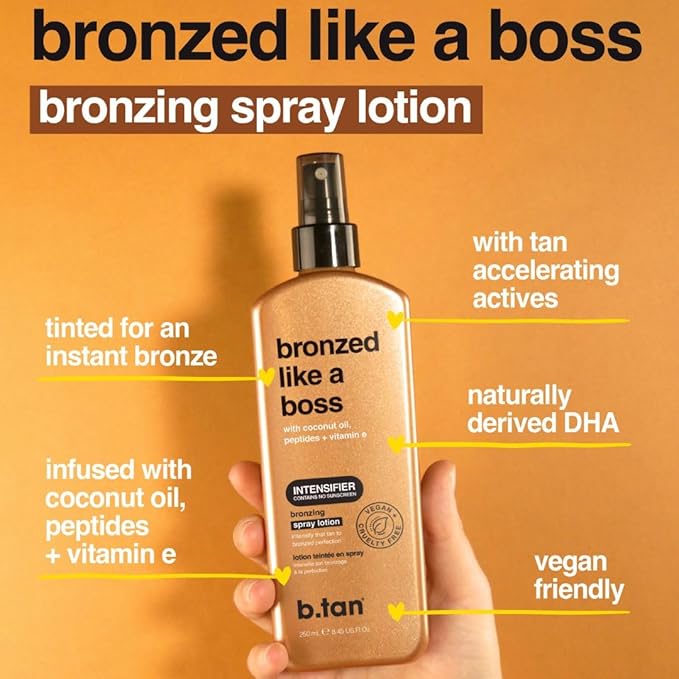b.tan Sun Tanning Lotion Spray | Bronzed Like a Boss - Brown Outdoor Bronzing Accelerator, Best Tan Intensifier, No SPF, Packed with Coconut Oil, Peptides, & Vitamin E, Australian Brand, 8.45 Fl Oz