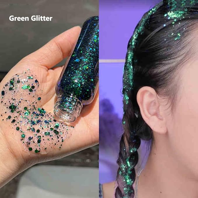 Mermaid Sequins Chunky Glitter Liquid Eyeshadow Glitter Body Gel Festival Glitter Cosmetic Face Hair Nails Makeup Long Lasting Sparkling 30g (#04 Green)
