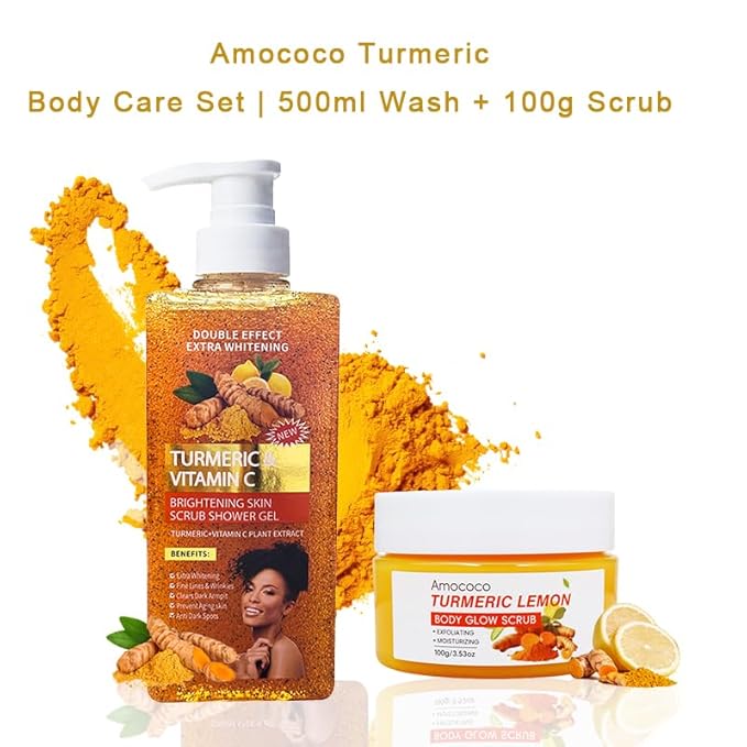 Body Scrub and Body Wash Set with Vitamin C, Turmeric & Lemon, 2-Pack Exfoliating Body Polish and Moisturizing Shower Gel for Smooth Skin, 16.9 fl oz & 3.53 oz